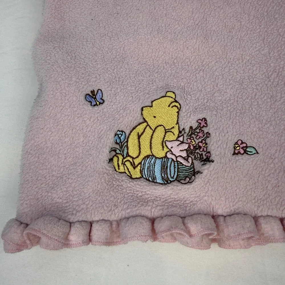 Disney Classic Pooh Pink Fleece Baby Blanket Ruffle Trim Embroidered 90s Vintage